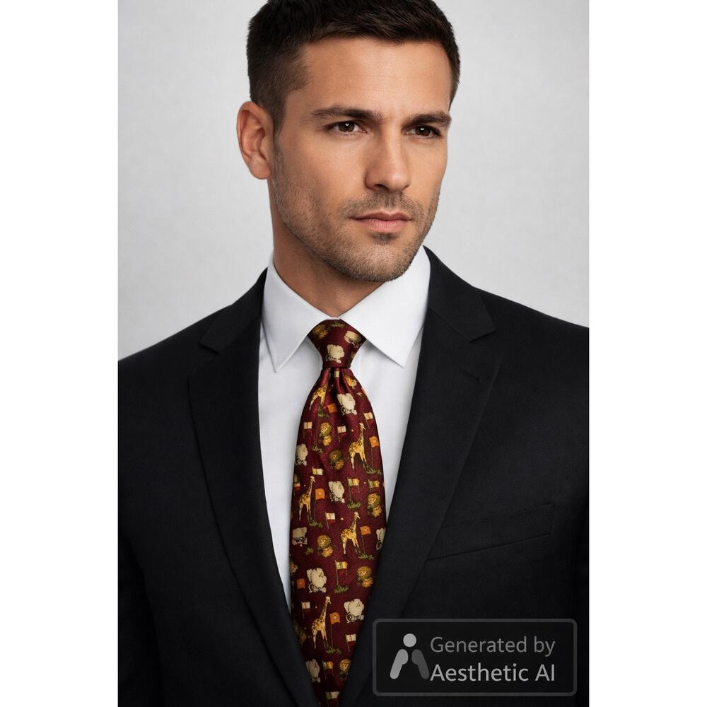 Salvatore Ferragamo Silk Safari Tie Animal Print Burgandy made‎ in Italy